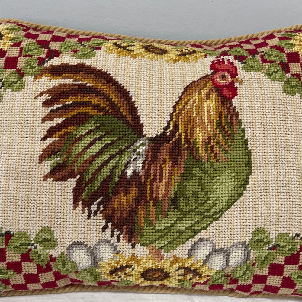 Sunflower Rooster Needlepoint decor Pillow vintage cottage farmhouse country - Picture 3 of 16